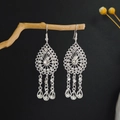 Bohemian silver drop earrings with floral hollow patterns and rhinestone tassels - Long Hollow Pattern Rhinestone Tassel Style (E6073-32)