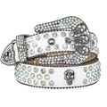 White crocodile pattern leather belt with colorful rhinestones and metal skulls decoration - White Belt Skull Buckle