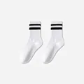 White cotton mid-calf sports socks with double black stripes and ribbed cuffs - Bare Socks / White With Double Black Stripes