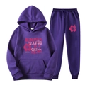 Purple fleece tracksuit set with pink floral Summer Waves graphics and drawstring hood - S (L) / Purple-SummerWaves Print Style(4)