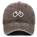 Close-up of bicycle embroidery on a washed brown vintage cotton baseball dad hat - One Size / Coffee