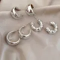 Minimalist 3 pairs silver earring set featuring smooth C-shape and twisted hoop designs - Rounded / Smooth / Twisted Rope / 6# Silver (3-Pair Set)