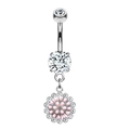 Silver belly button ring with pink flower pendant and sparkling cubic zirconia stones - Style 42