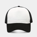 Detailed front view of a black and white trucker hat with mesh back and suede brim - Adjustable / White and Black Patchwork