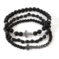Men's natural gemstone bracelet set with black volcanic stone and cross charm - Matte Black Agate Lava Stone Cross 4-Piece Set (B-S24082705A)