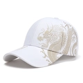 Classic white baseball cap featuring gold Chinese dragon embroidery on a curved brim hat - White