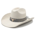 Klassieke beige western cowboyhoed met gouden longhorn-embleem en tribale band - M (56-57 cm) / Beige Suèdelook
