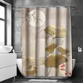 Wasserdichter Duschvorhang aus Polyester mit goldenen Ginkgoblättern und roter Pflaumenblüte - 90x180cm / Champagner
