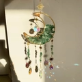 Golden moon suncatcher with green crystals and rainbow pendants for home decor - M7-Aventurine