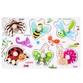 Wooden peg puzzle for toddlers featuring colorful insect shapes with small round knobs - Insect Mini Peg Puzzle