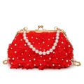 Elegante bolso de encaje rojo con flores, perlas y cadena dorada para fiestas - Rojo