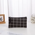Portable large capacity black checkered canvas makeup bag with secure zipper closure - Black Plaid (No Label) / Large