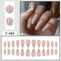 Faux ongles amande français avec motifs de fleurs de cerisier et paillettes dorées - Design Paillettes Or Dégradé Cerisier (Y-484)