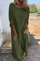 Olive green loose-fit long sleeve robe dress with metal buckle detail and linen texture - S / Army Green