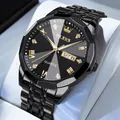 All-black OLEVS quartz watch with gold Roman numerals and stainless steel strap - Black Band Black Dial