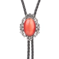Western Bolo Tie with red oval stone in vintage silver crown-style metal setting - Coral Red Cat's Eye