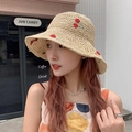 Beige crochet straw hat with 3D cherry embroidery for a sweet summer style - M / Cherry-Beige