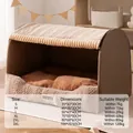 Brown and beige plush pet bed size chart with dimensions for various dog and cat breeds - Wendy Brown Sleeping Bed