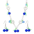 Blue cherry pendant necklace and earring set with green leaves in silver finish - Blue Cherry Necklace Earrings Set (WG-26)