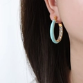 Elegant 18K gold plated stainless steel hoops with tiffany blue enamel and zircon stones - Cyan (F980)