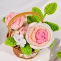 Pink and white crochet rose flowers in a mini woven basket with Bonjour tag - Crochet Leaves + Gradient Pink Roses Basket