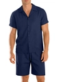 Men's navy blue short sleeve button-up shirt and shorts set with ribbed texture fabric - S / Striped Suit / Navy Blue