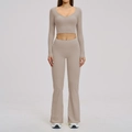 Women's taupe yoga set with slim fit long sleeve crop top and high waist flared leggings - 3109 Long-sleeved Shirt + 3109 Flared Pants - Linen