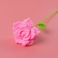 Hand-knitted pink rose flower made of wool yarn with green stem for gifts - Pointed Rose Stem - Bright Pink