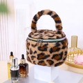 Stylish plush leopard print cylindrical cosmetic bag with portable handheld strap - Coffee