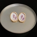 Vintage oval gold earrings with purple lavender floral design and white enamel finish - 1. Silver Needle - White.