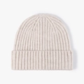 Thick beige wool knit beanie with ribbed texture and wide fold-over cuff for winter - Beige