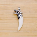 Wolf tooth resin pendant necklace with silver dragon head and wax cord for men - Dragon Head Style Pendant