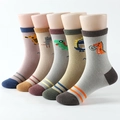Fünf Paar Baumwollsocken für Kinder mit bunten Dinosauriermustern und Streifenbündchen - 3-5 Jahre (13-15cm) / Dinosaurier Doppelbalken Set