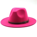 Detail of hot pink fedora hat with a brown leather decorative band and metal buckle - M (56-58cm) / Rose Red