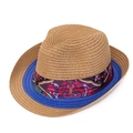 Cappello di paglia estivo con nastro blu reale e motivo floreale etnico stile jazz - Nastro Floreale Etnico (Stile 1) / Cachi