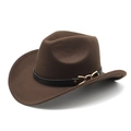 Retro brown western cowboy wool felt hat with wide brim and decorative gold chain band - M (56-58cm) / Coffee