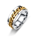 Detailed macro shot of rotatable gold chain inlay on a silver titanium steel ring - Size 6 / Gold