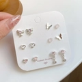 Set of 6 silver stud earrings with pink heart diamonds and butterfly charms - MAG2 Pink Planet 6-Piece Set