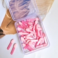 Detail of pink double-headed sponge eyeshadow brushes in a clear plastic storage box - 4cm Single Head Pink Handle Pink Sponge - 50 Pcs Box