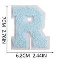 Macro view of blue chenille letter R patch with size measurements 7cm height - Letter R / Light Blue