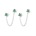 Detailed view of silver chain earrings with emerald green zircon flower studs - Silver/Green Zirconia