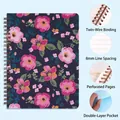 A5 floral spiral notebook in dark blue with dual-layer pocket and 8mm ruled pages - Floral Pattern 1
