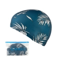 Dark blue swim cap with white palm leaf pattern and matching zipper packaging bag - Falling Leaves Pattern (PE Bag)