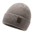 Taupe winter knit beanie with thick fleece lining and brown leather brand patch - One Size / Light Beige