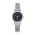 Detail of silver mesh band and black dial quartz watch with Arabic numerals - Silver Case Arabic Numerals Black Dial