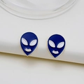 Unique alien stud earrings with deep blue enamel and gold metallic trim for women - Gold Alien Blue White Enamel Studs