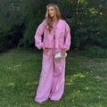 Pink cotton two-piece set featuring ruffle collar shirt and wide leg trousers for women - S / Pink