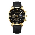 Detail of luxury gold quartz watch with black roman dial, date window and leather strap - Black Strap Gold Case Black Dial Gold Hands