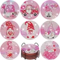 Set of 8 Valentine Gnome DIY diamond painting coasters with a black metal holder - Valentine's Day Heart Gnome Style (BD997)