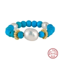 925 sterling zilveren ring met turquoise kralen en een grote barokke parel - Elastisch Verstelbaar / 14K Verguld